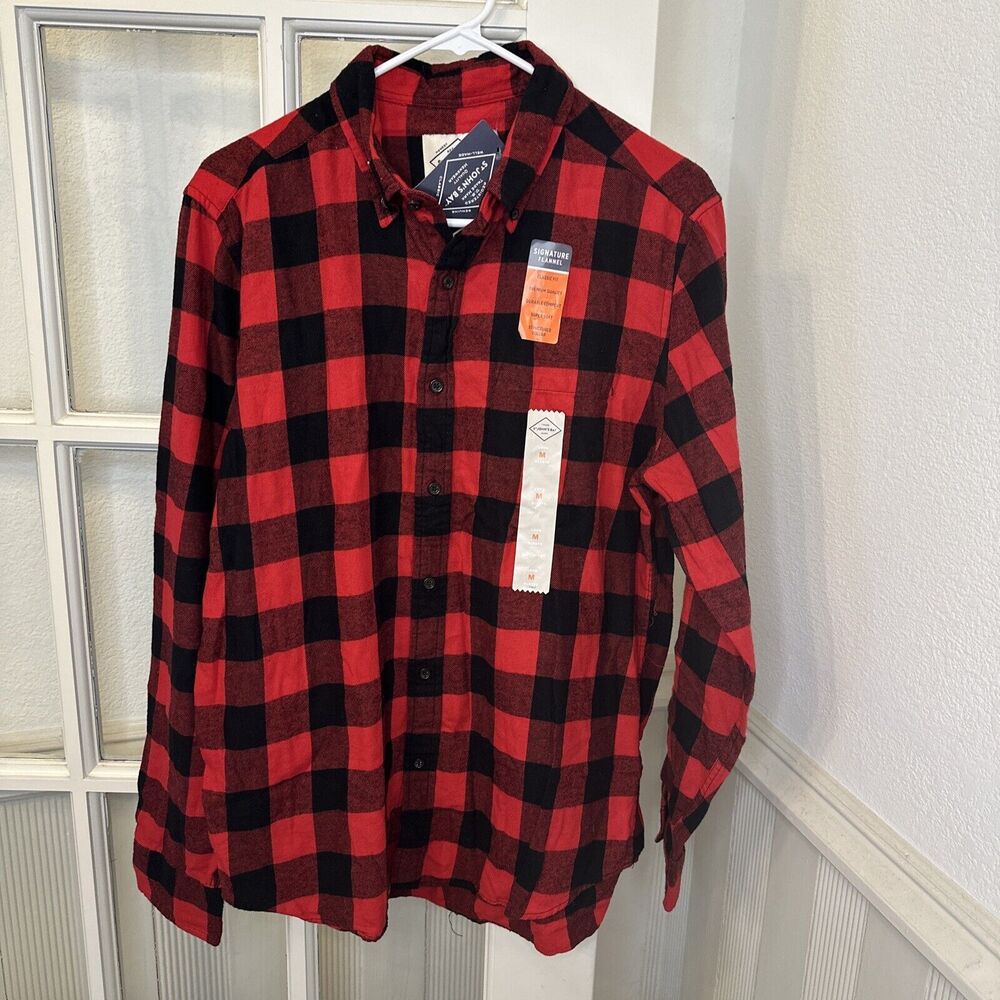 St Johns Bay Buffalo Check Flannel Casual Button Up Shirt Mens Size M Red Black